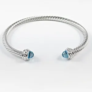 Nice Cable Wire Duo Aquamarine CZ Crystal Ends Brass Bangle