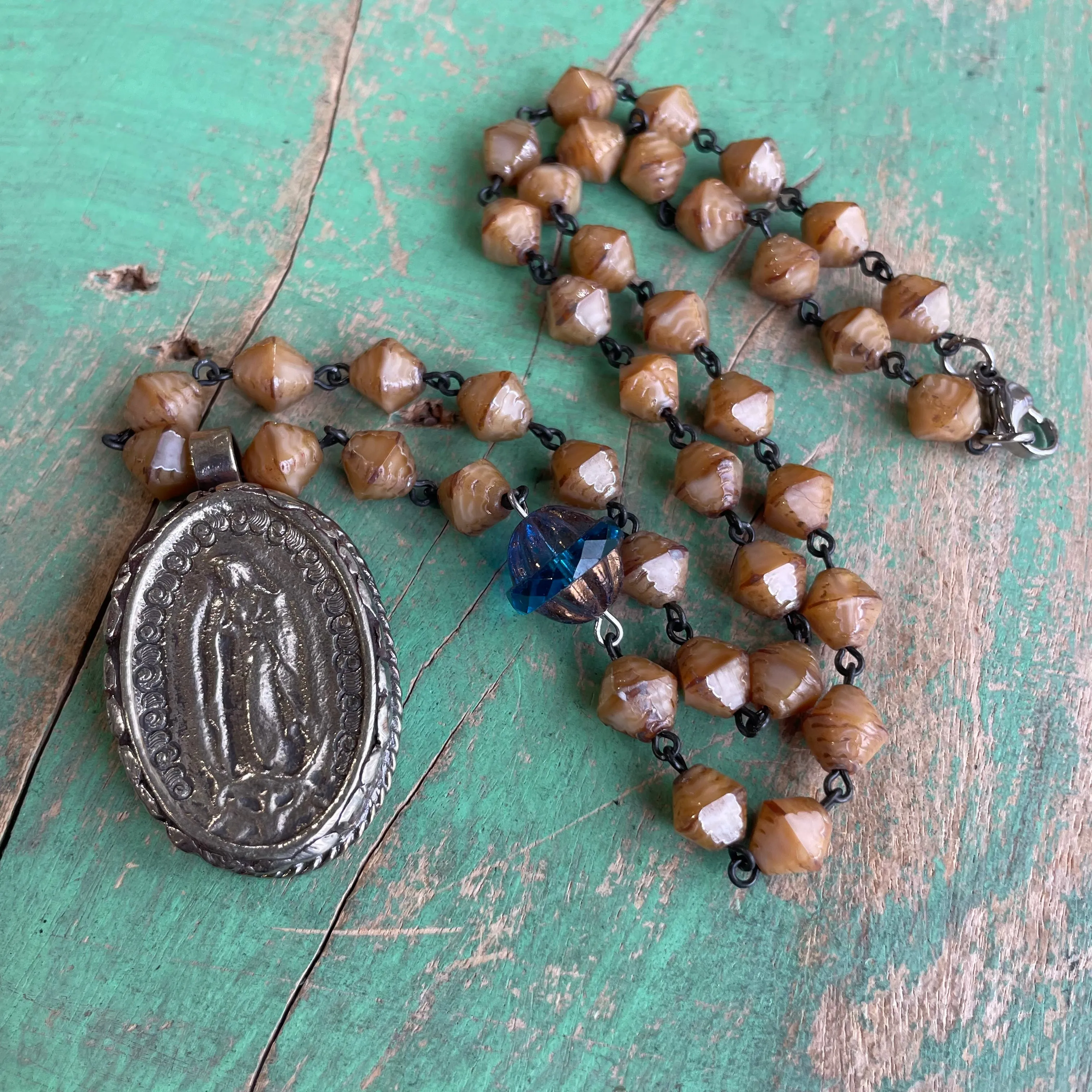 OLG Brown and Turquoise Czech Glass Beaded Necklace on