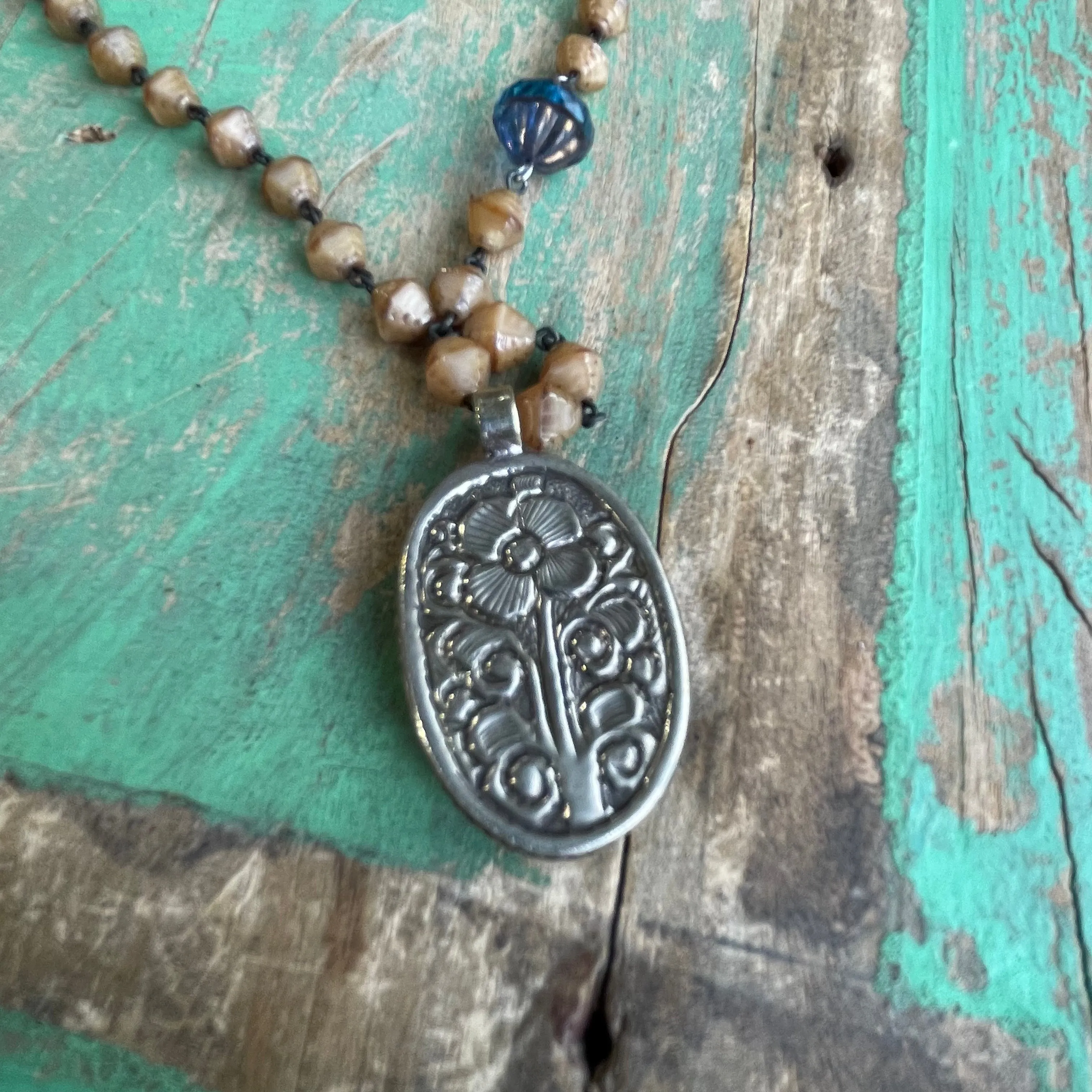 OLG Brown and Turquoise Czech Glass Beaded Necklace on