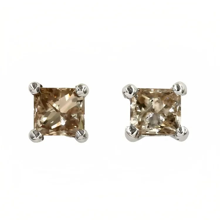 Paris Jewelry 18k White Gold 2 Pair Created Champagne 6mm Round & Princess Cut Stud Earrings Plated