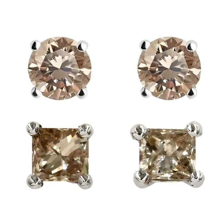 Paris Jewelry 18k White Gold 2 Pair Created Champagne 6mm Round & Princess Cut Stud Earrings Plated
