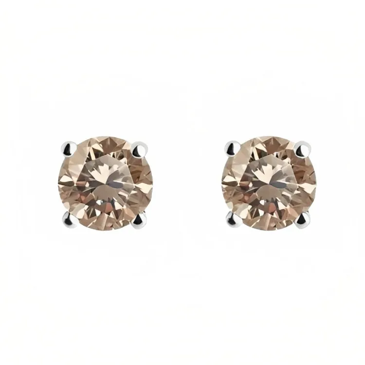 Paris Jewelry 18k White Gold 2 Pair Created Champagne 6mm Round & Princess Cut Stud Earrings Plated