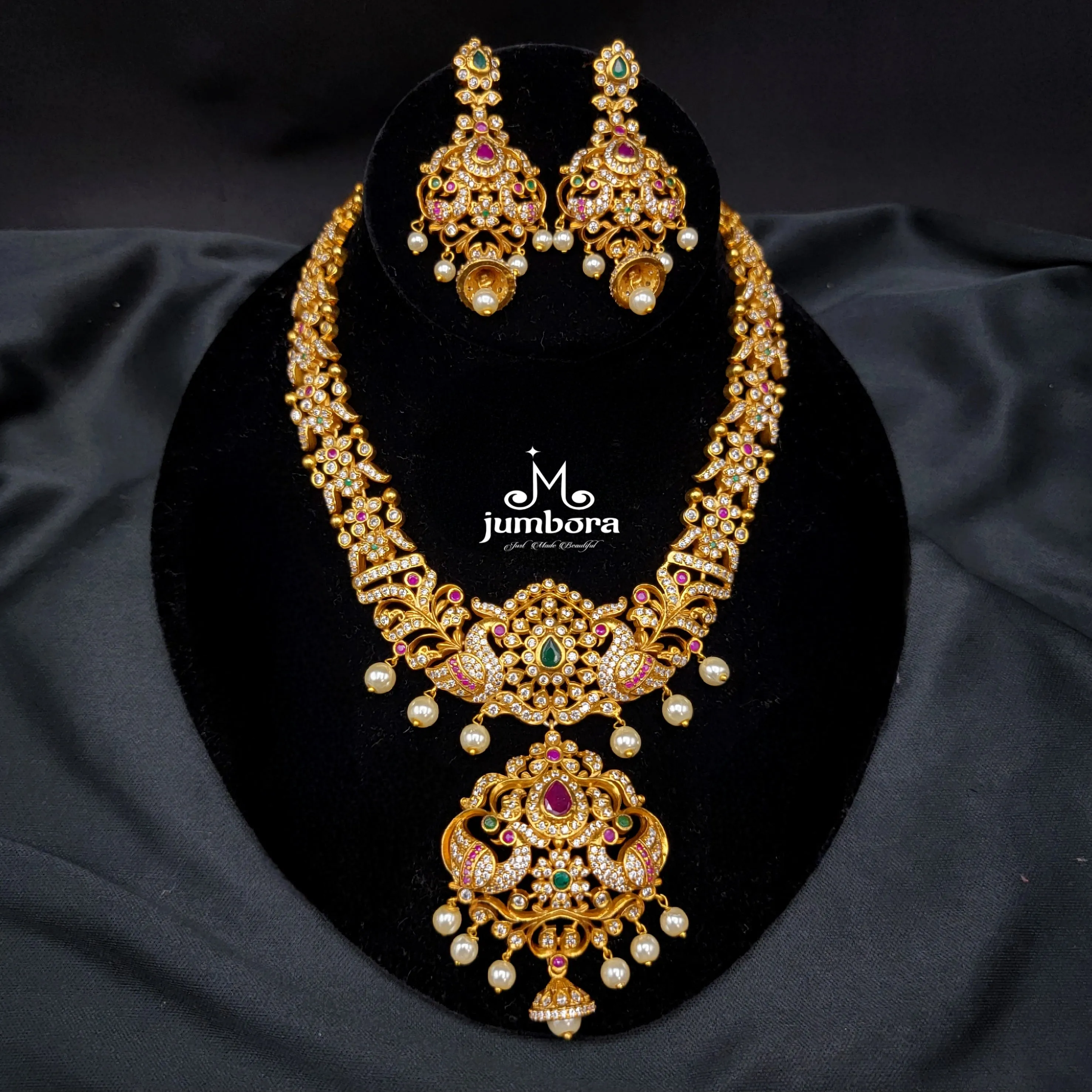 Peacock SD Zircon Stones Matte Gold Necklace Set