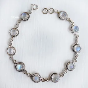 Rainbow Moonstone Round Silver Bracelet