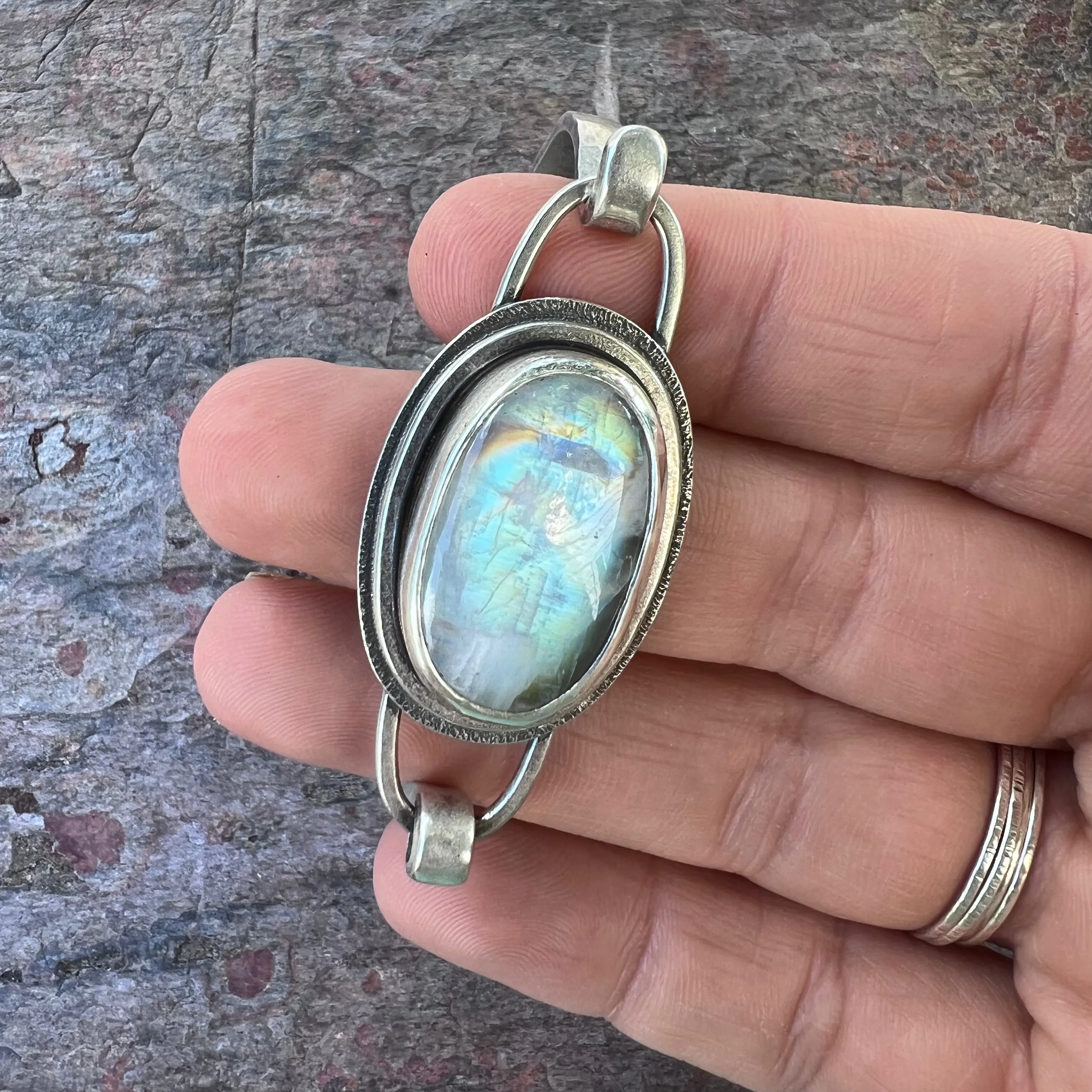 Rainbow Moonstone Sterling Silver Bracelet - Handmade One-of-a-kind Tension Cuff Bracelet