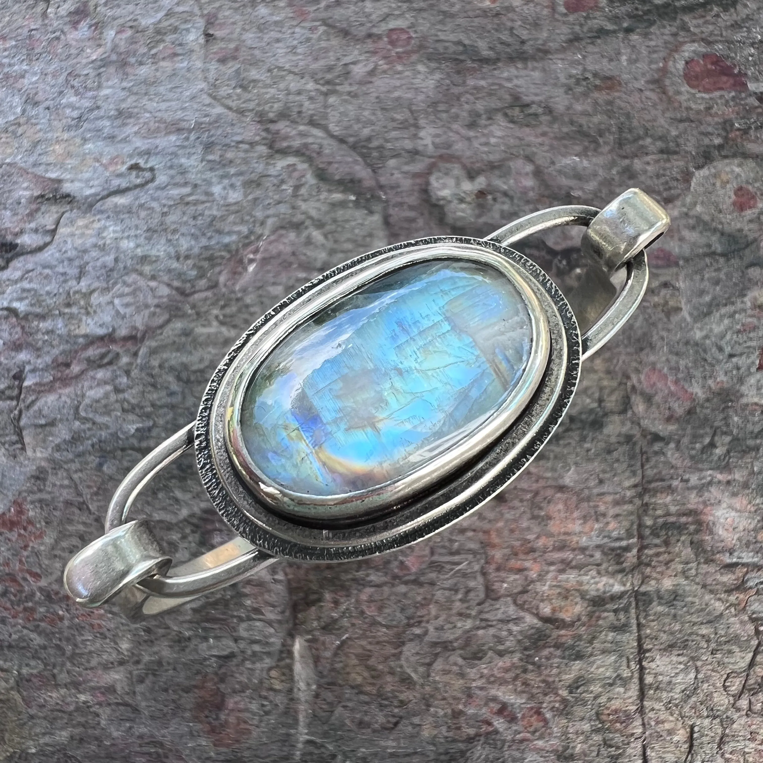 Rainbow Moonstone Sterling Silver Bracelet - Handmade One-of-a-kind Tension Cuff Bracelet