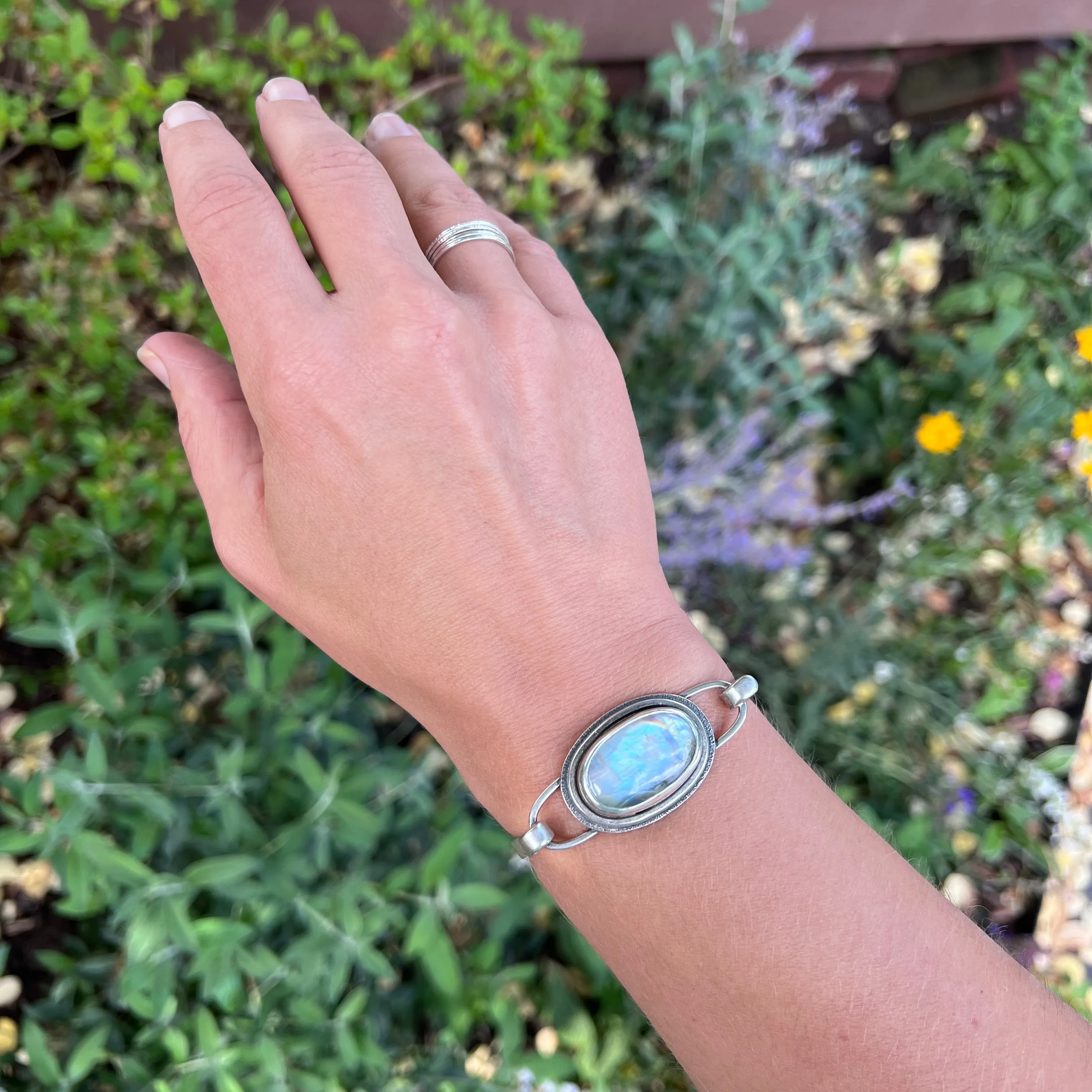 Rainbow Moonstone Sterling Silver Bracelet - Handmade One-of-a-kind Tension Cuff Bracelet