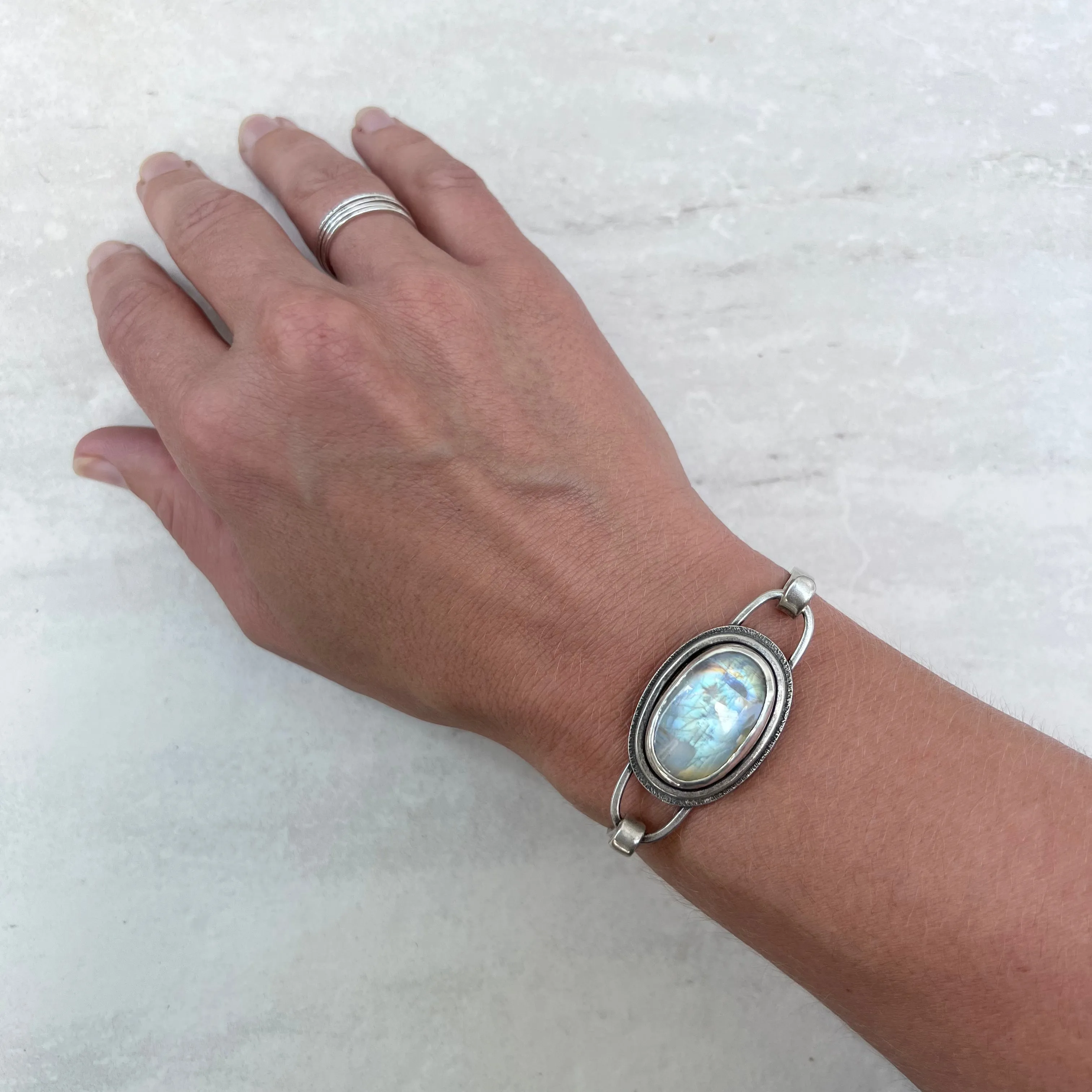 Rainbow Moonstone Sterling Silver Bracelet - Handmade One-of-a-kind Tension Cuff Bracelet