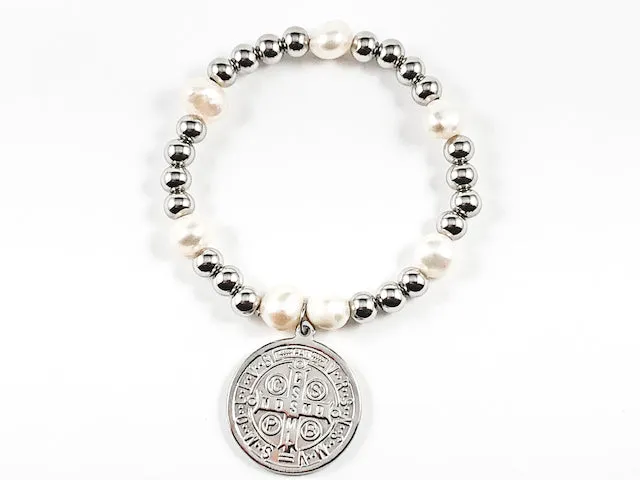 Religious Round Double Sided Saint Benedict/ San Benito Charm Ball Beads & Pearl Stretch Steel Bracelet
