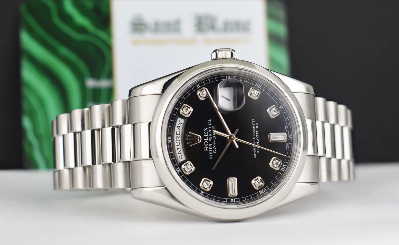 ROLEX 36mm Platinum Day Date President Black Diamond Dial Model 118206