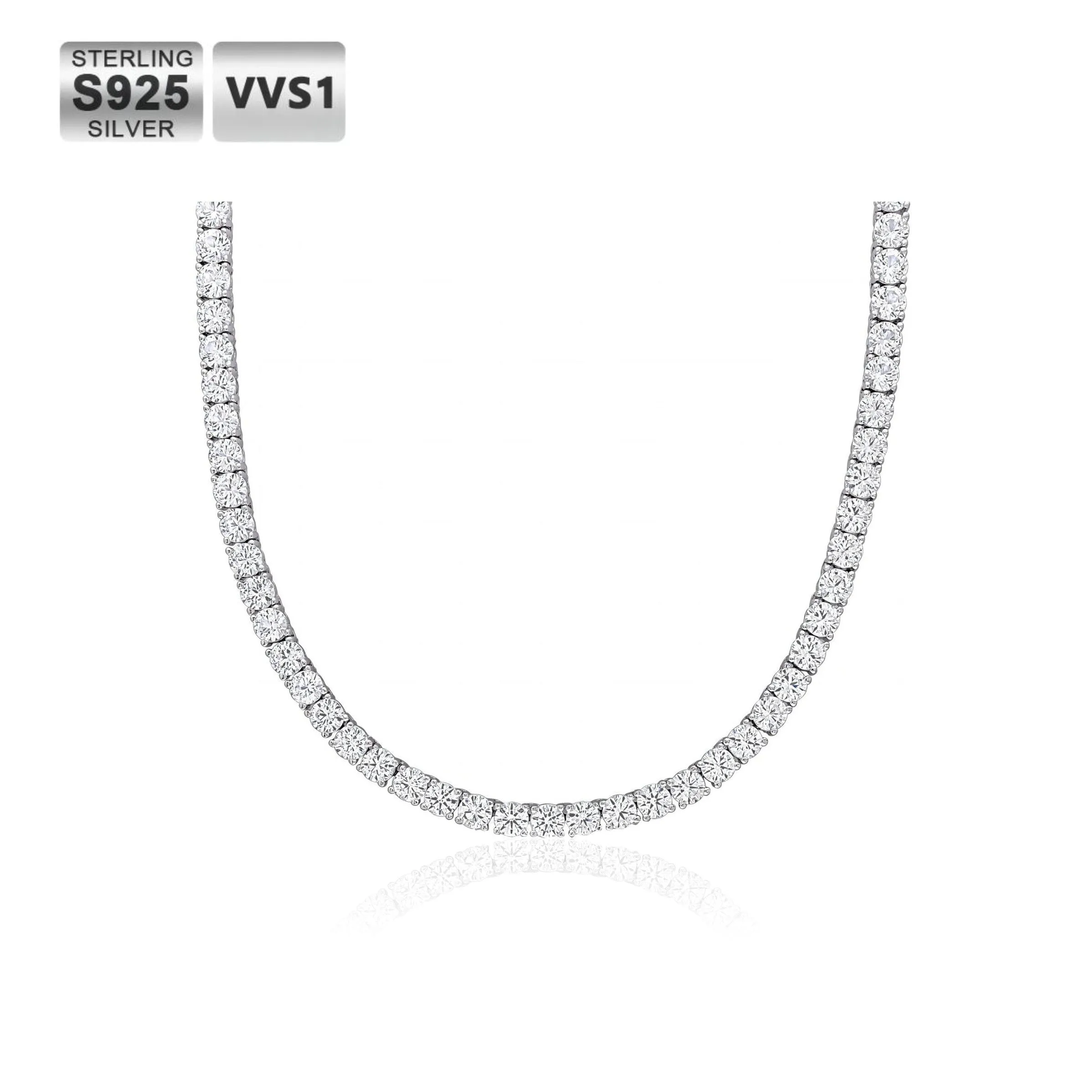 S925 Moissanite Diamond Tennis Chain Necklace in White Gold - 4mm
