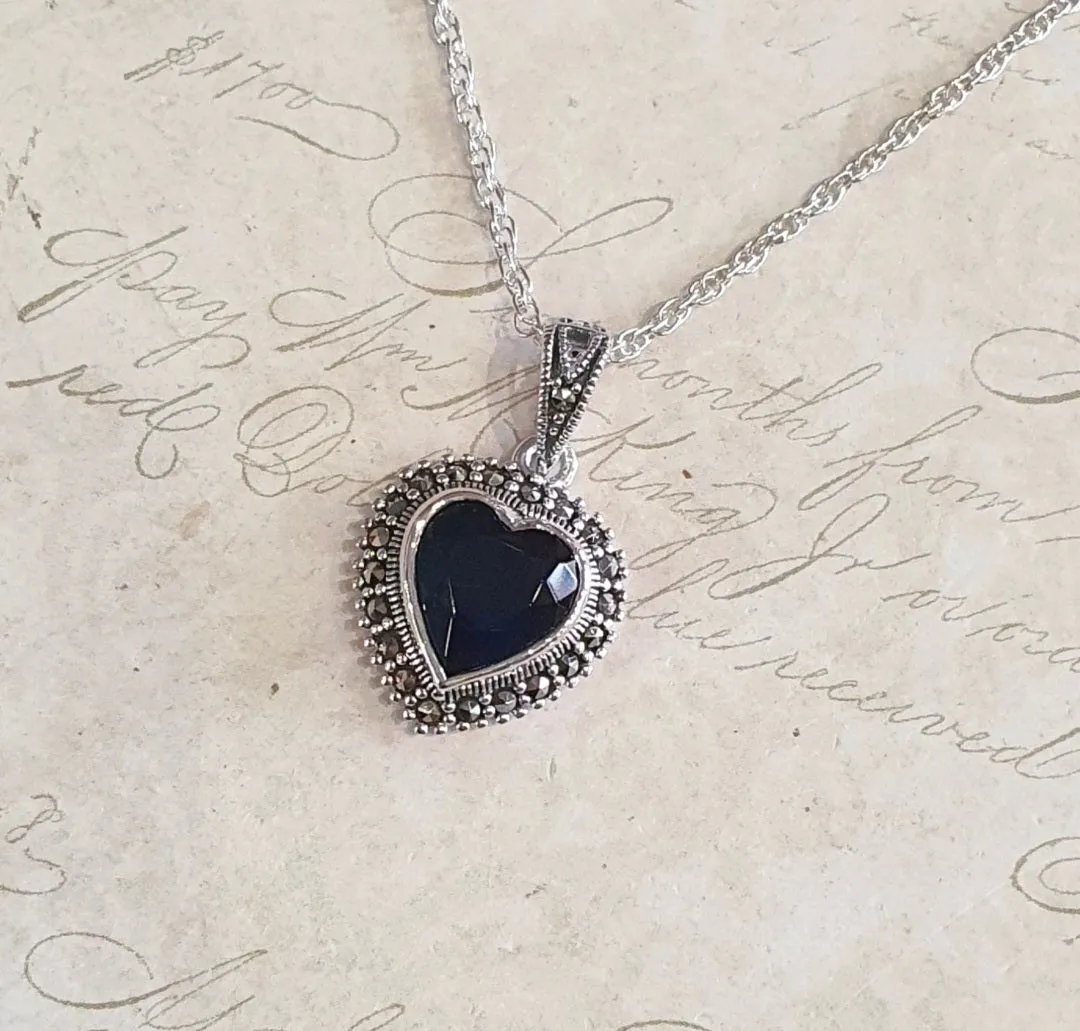 Sapphire Blue Heart Pendant Necklace Silver Marcasite