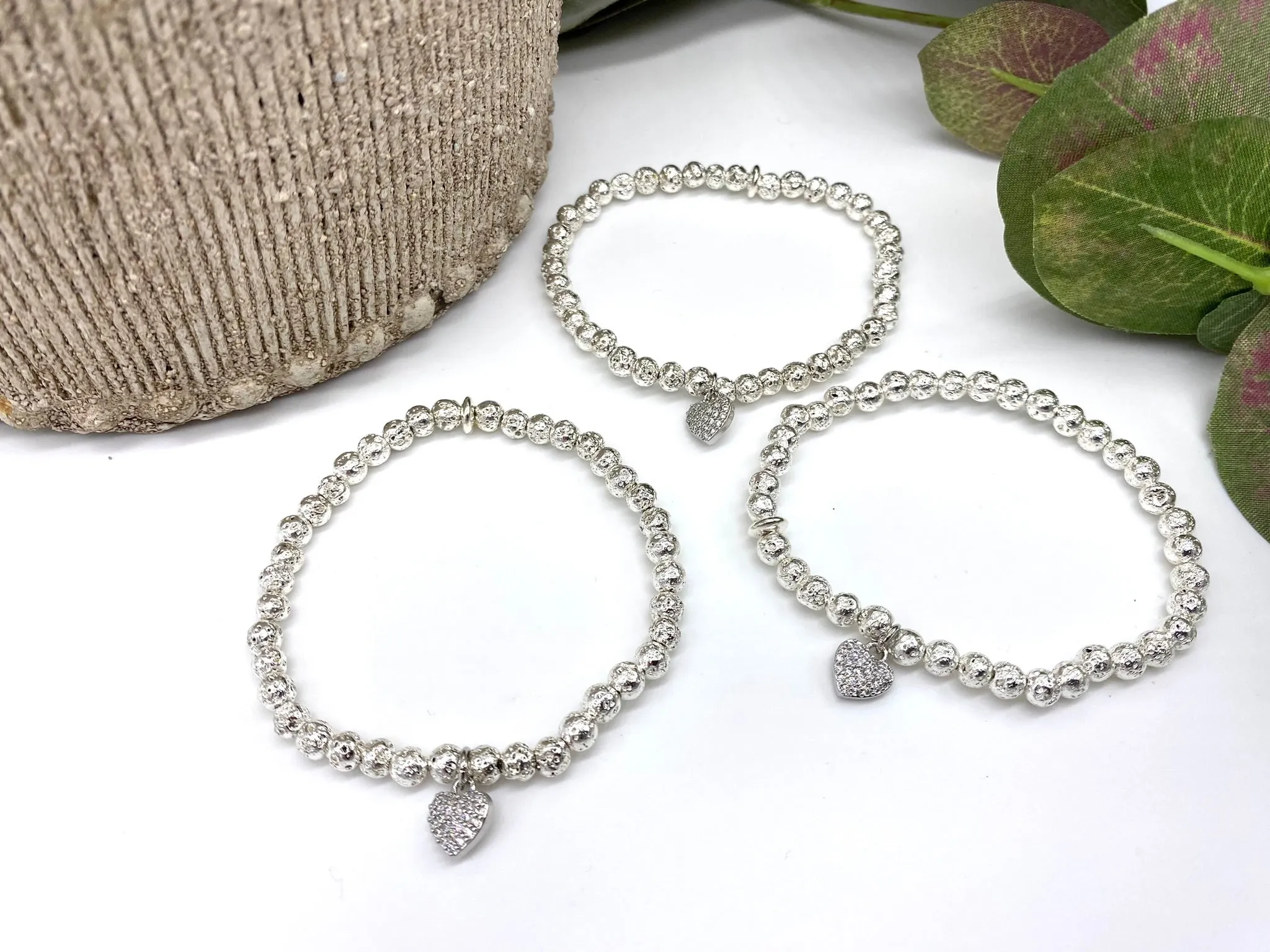Silver Heart Lava Rock Bracelet