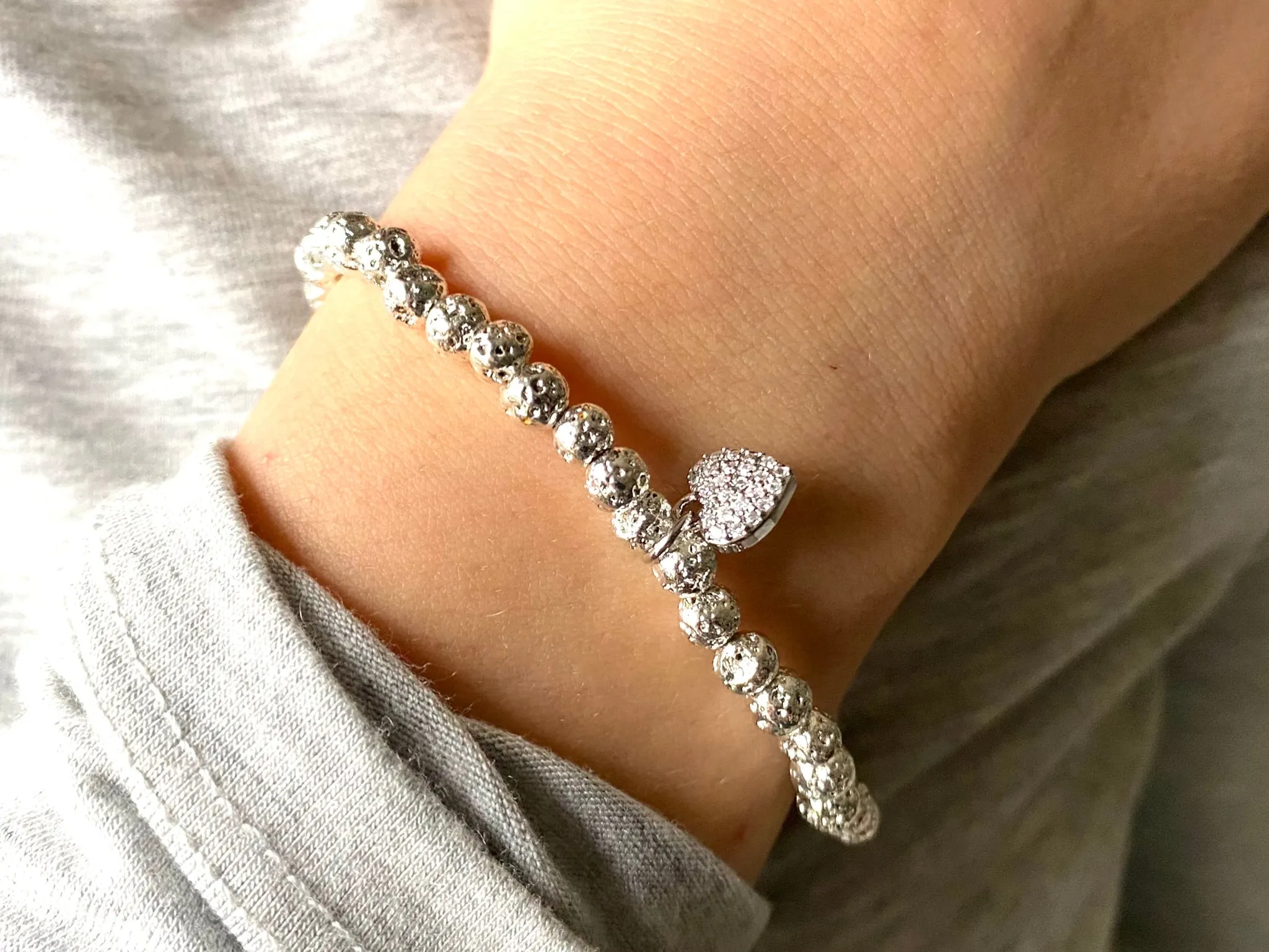 Silver Heart Lava Rock Bracelet