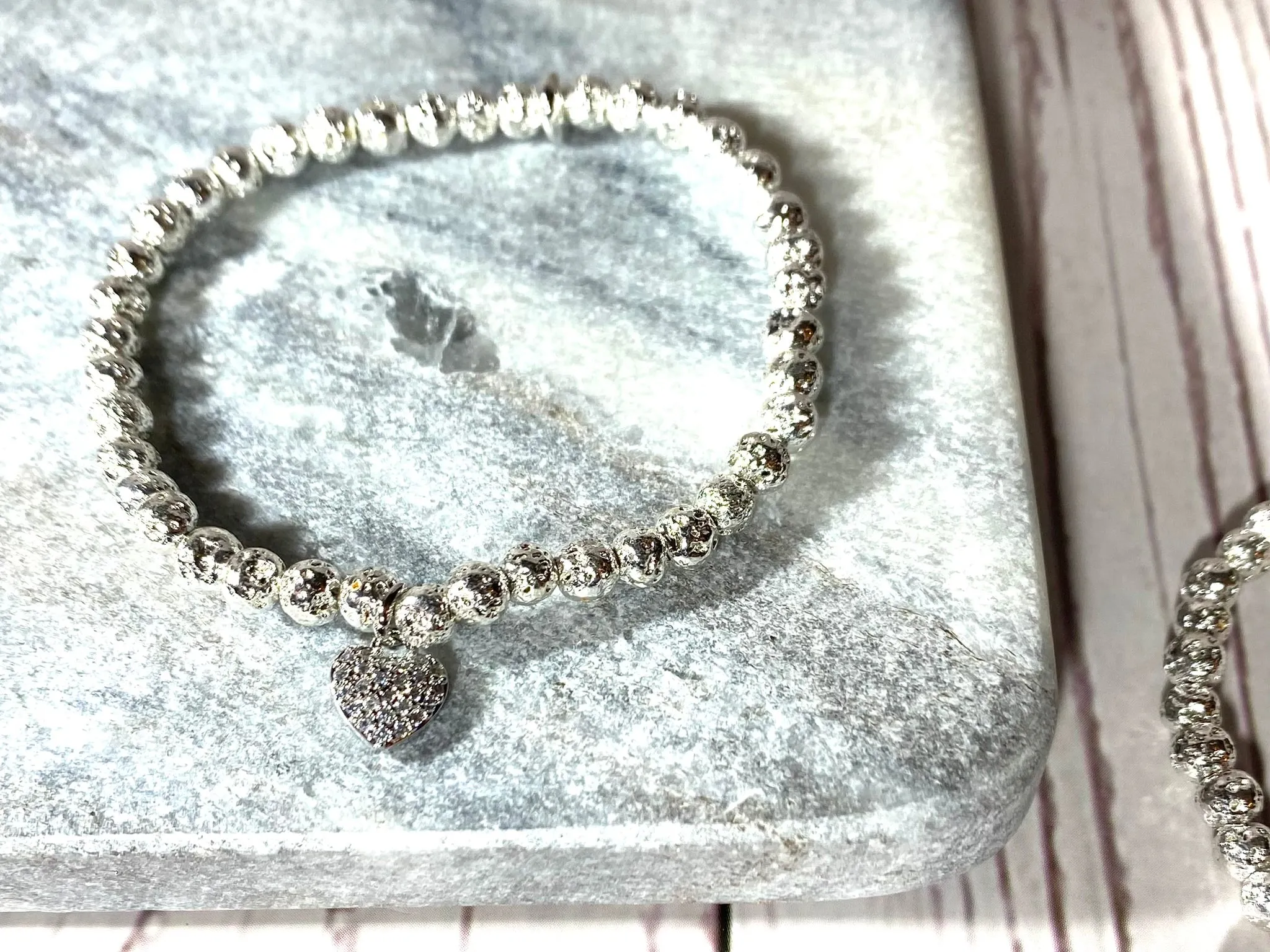 Silver Heart Lava Rock Bracelet