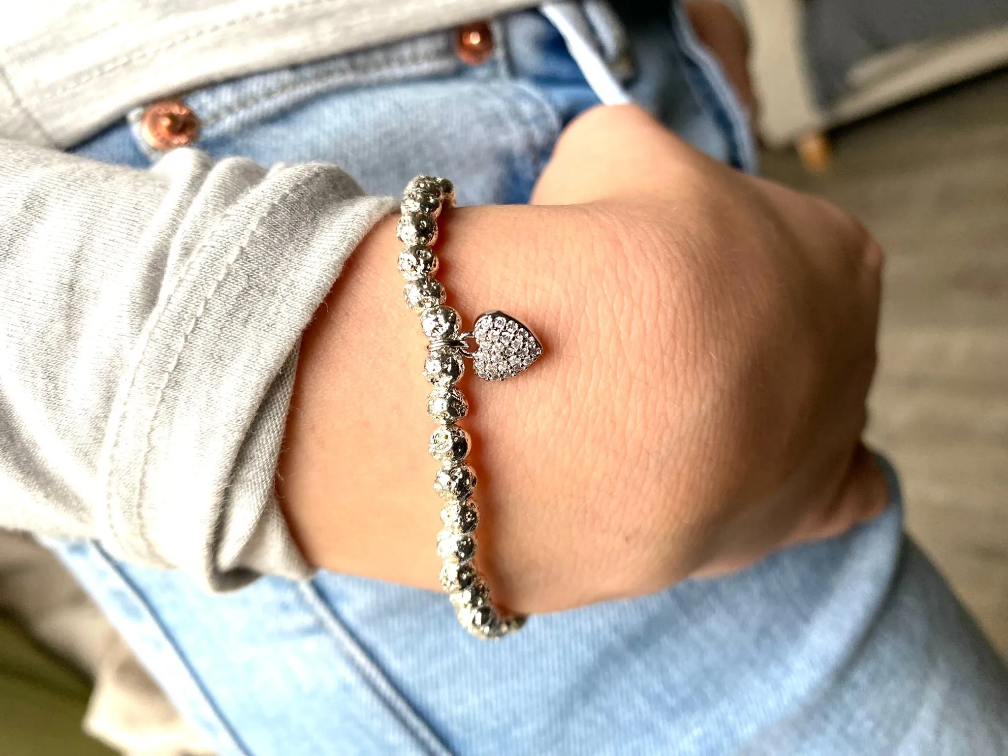 Silver Heart Lava Rock Bracelet