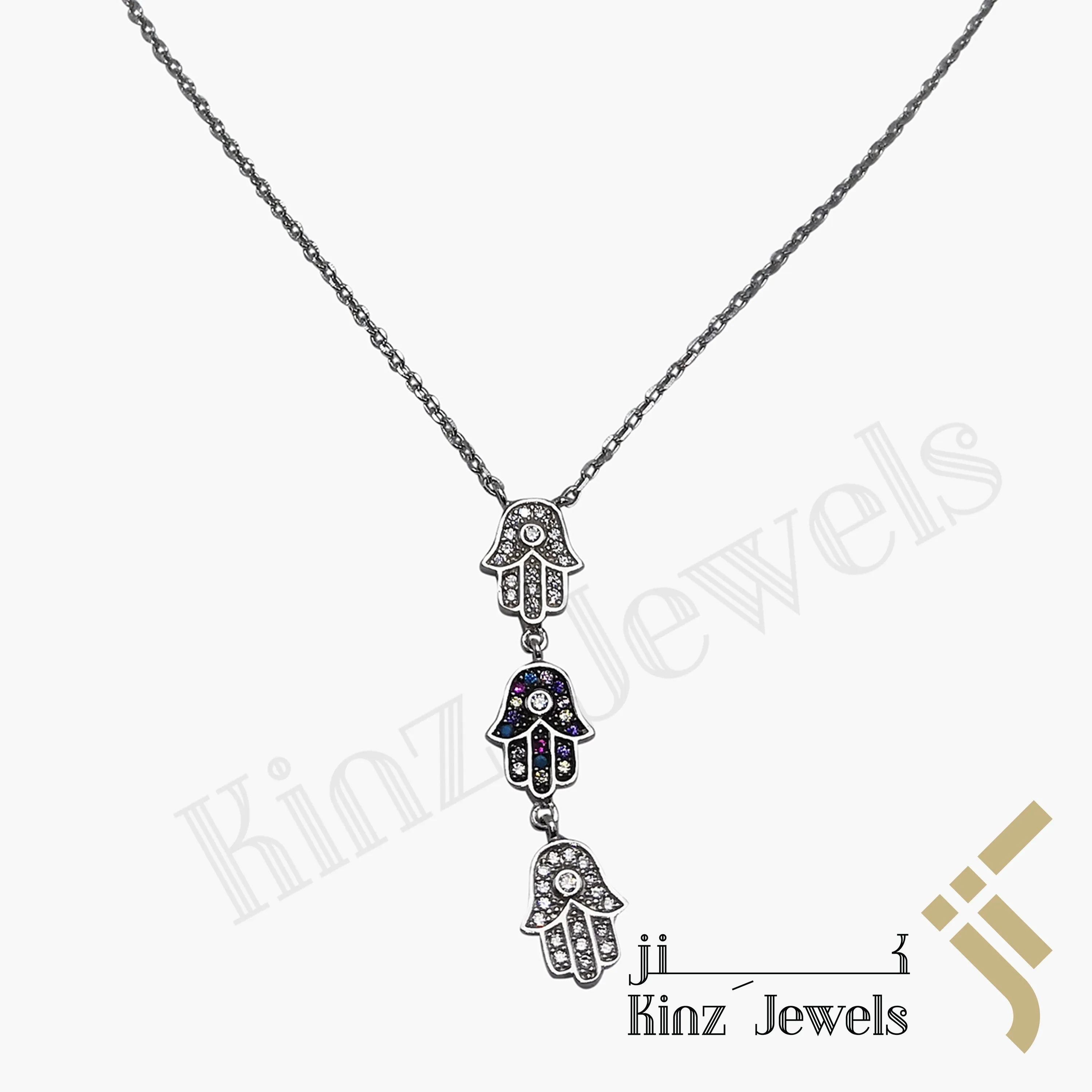 Sterling Silver Three Hamsa Necklace