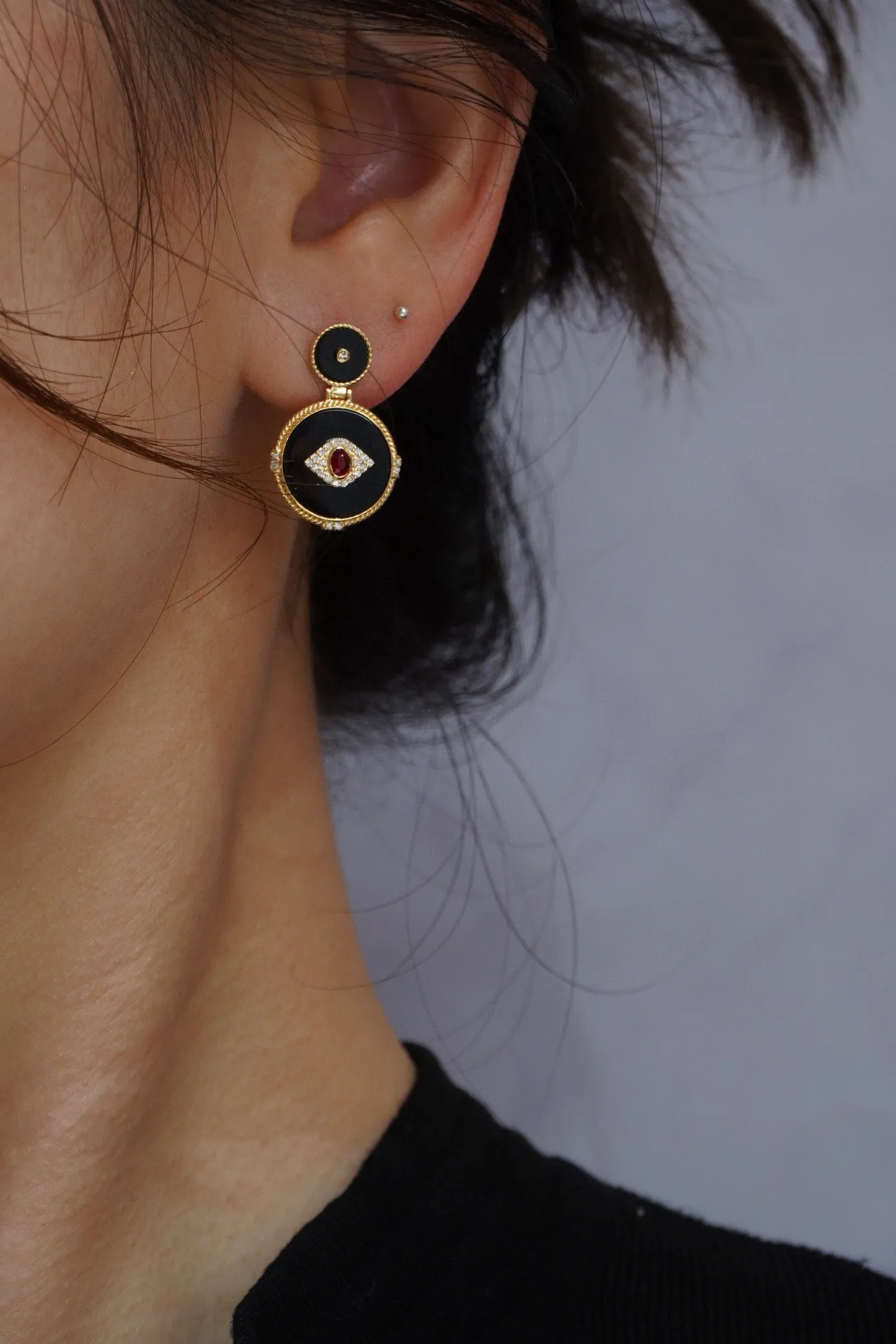 Vintage Evil Eye Dangle Hoop Earrings with Natural Ruby, Diamond, Onyx