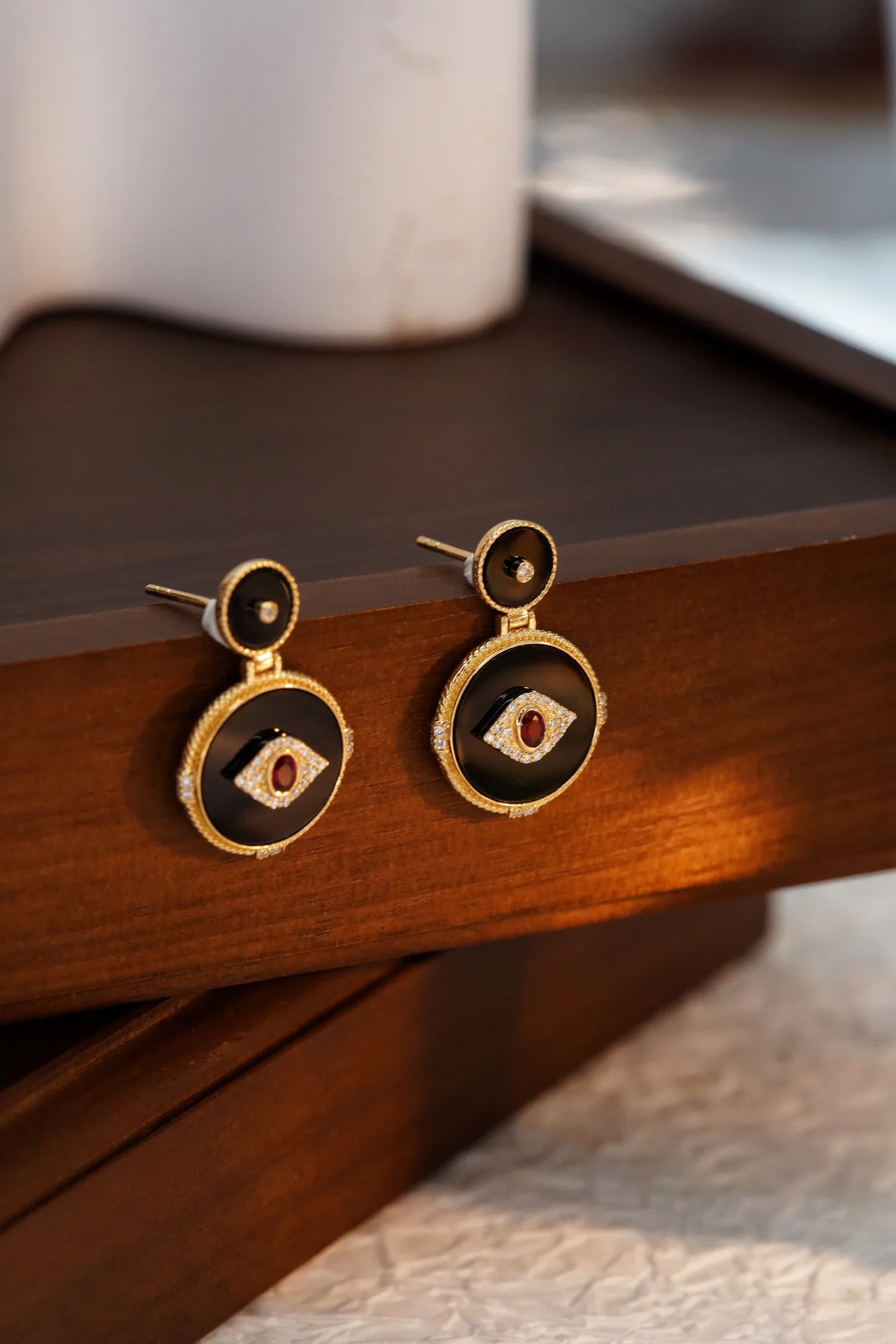 Vintage Evil Eye Dangle Hoop Earrings with Natural Ruby, Diamond, Onyx