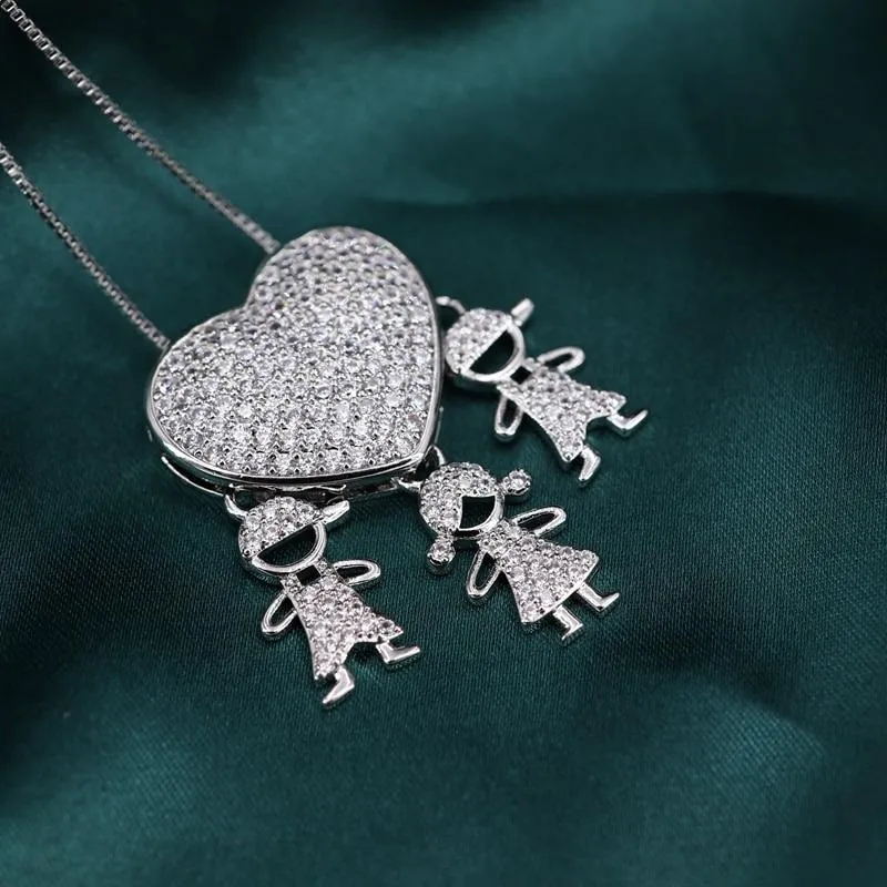 Zircon Heart with Boy and Girl Pendant Necklace