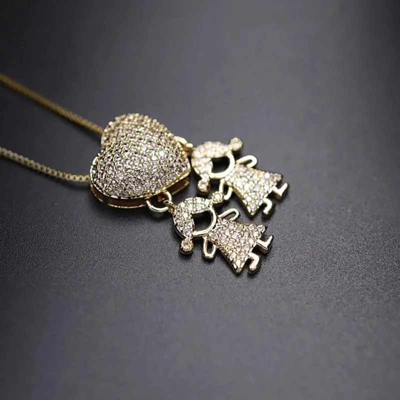 Zircon Heart with Boy and Girl Pendant Necklace